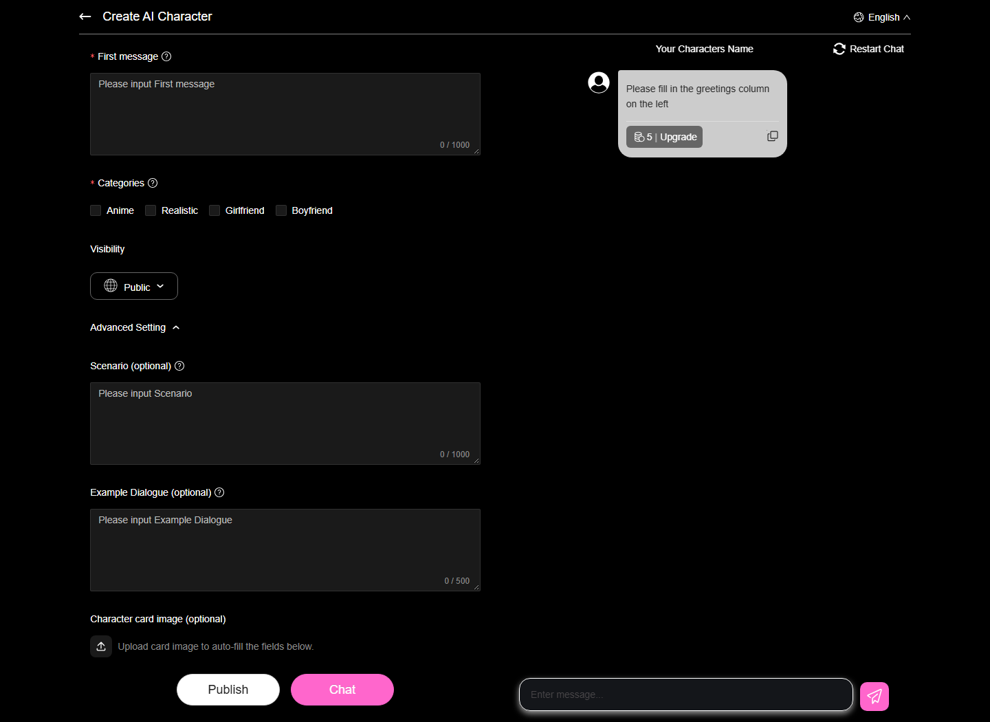 Expanded Gening AI editor with empty Scenario and Example Dialogue fields and optional card image upload.