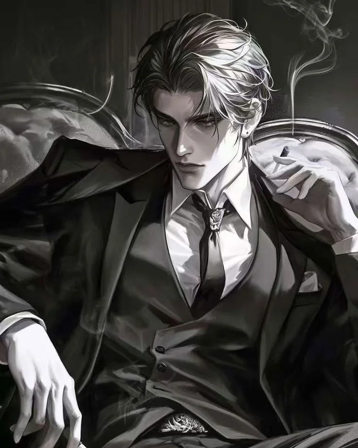 Edsel Fergus seated in an ornate chair, wearing a dark suit and holding a cigarette. Source: Gening AI.