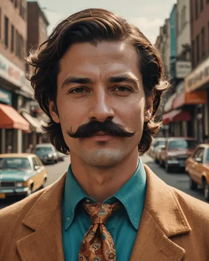 Leo Stanton with a curled moustache, tan jacket and patterned tie on a street. Source: Gening AI.