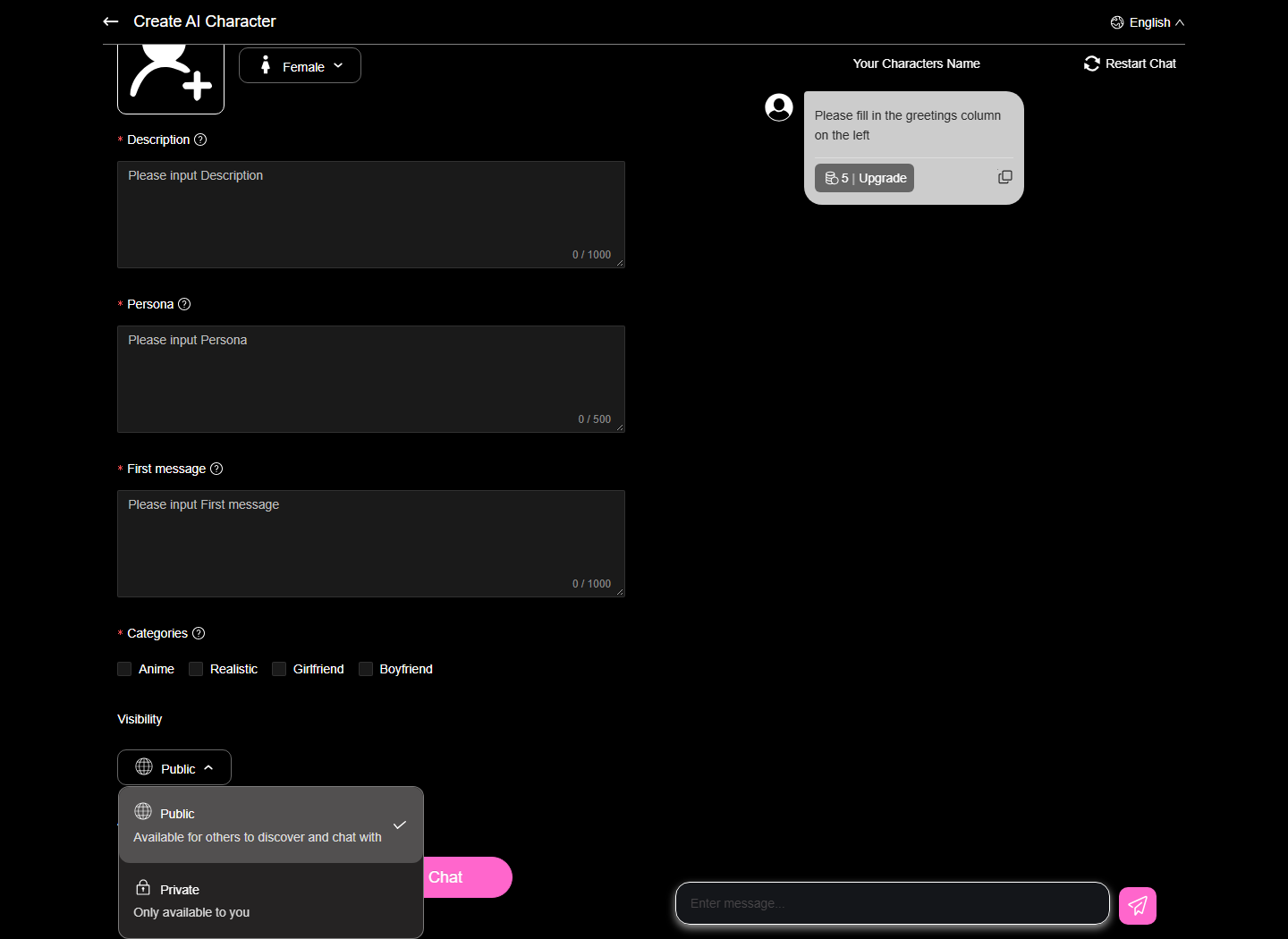 Gening AI visibility menu showing Public discovery and Private only-available-to-you descriptions.